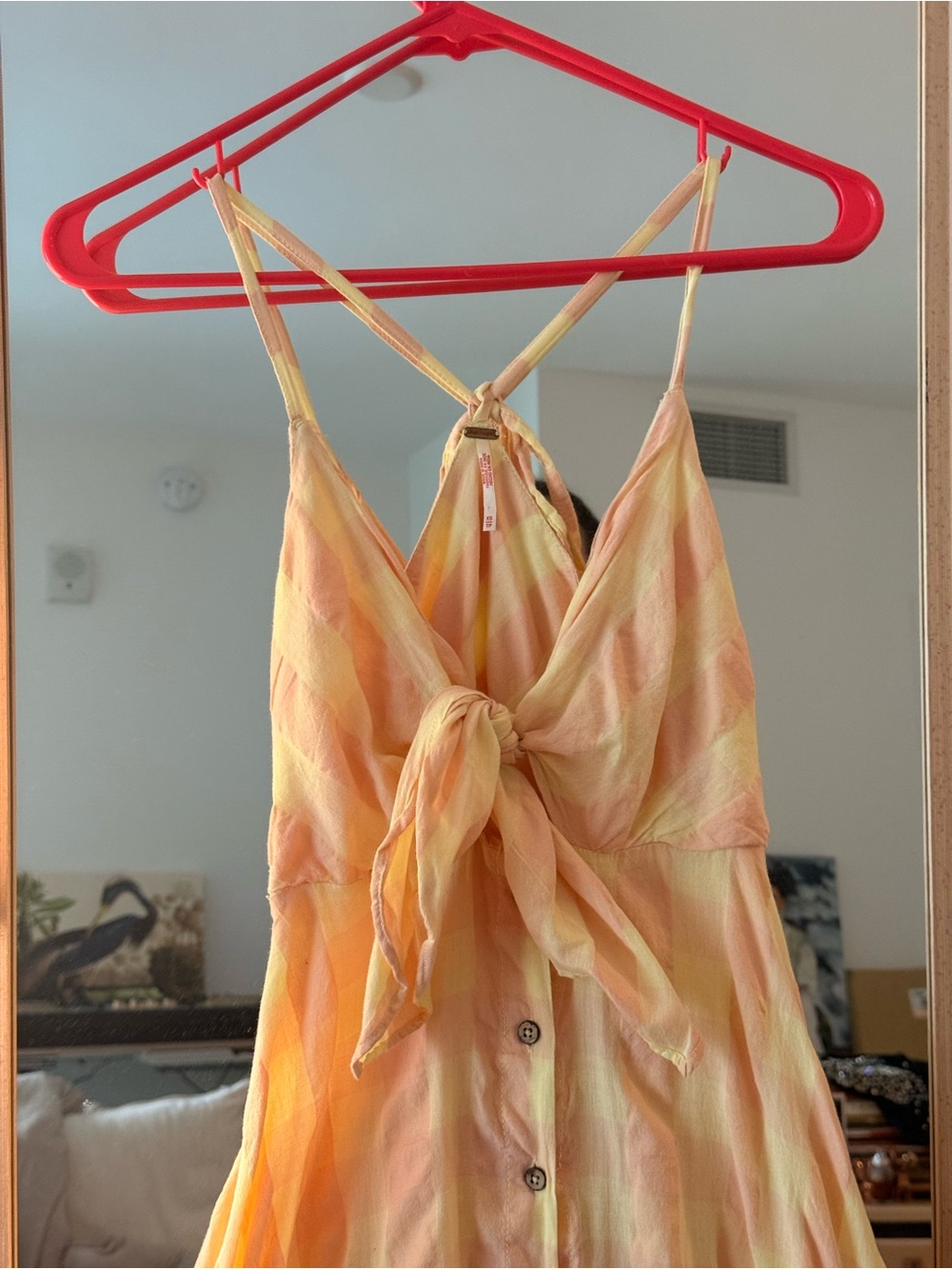 Free People Via Gingham Cotton Seersucker Sundress Peach Tie Front Midi Dress XS - Picture 7 of 10